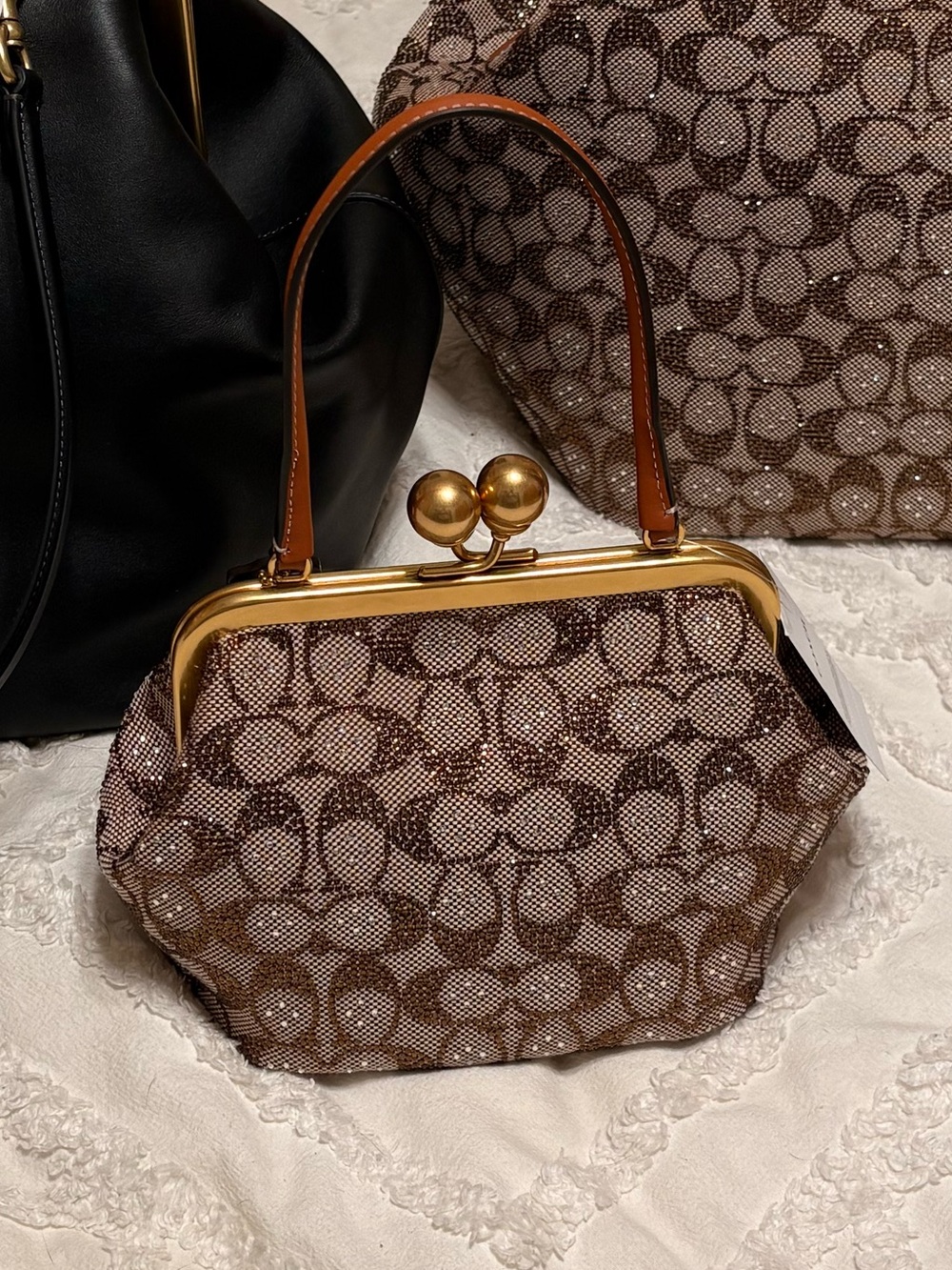 Small Coach Brown Signature Rhinestone Jacquard Kisslock Frame Bag - Picture 2 of 5